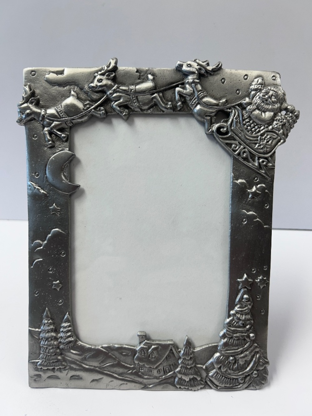 Pewter Holiday Christmas Santa Sleigh 4" x 6" Picture Frame Reindeer Sun Company